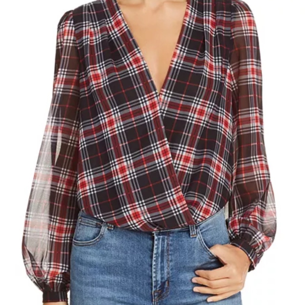Lucy Paris Red and Black Plaid Blouson Long Sleeve Bodysuit Small